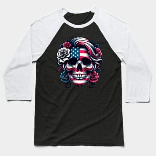 Patriotic Skull Flowers Bloom Independence Day USA American Flag Skull Face Roses Baseball T-Shirt